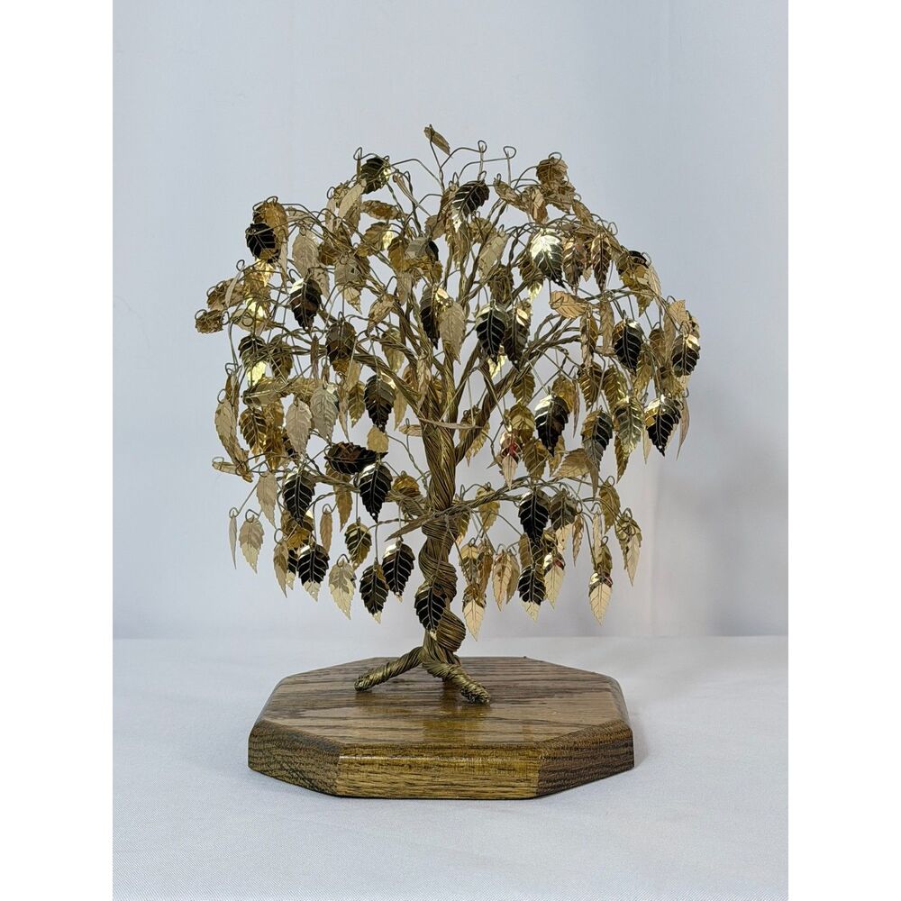 VTG MCM Twisted Metal Wire Money Tree 9" Good Luck Tree Gold Leaves Stand
